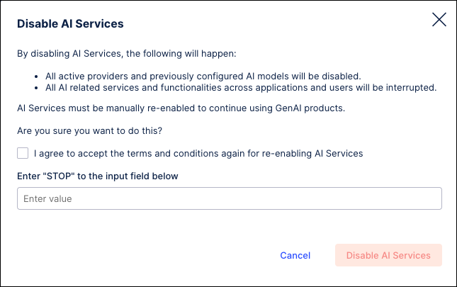 Screenshot of the Disable AI Services window showing the confirmation step for disabling services.