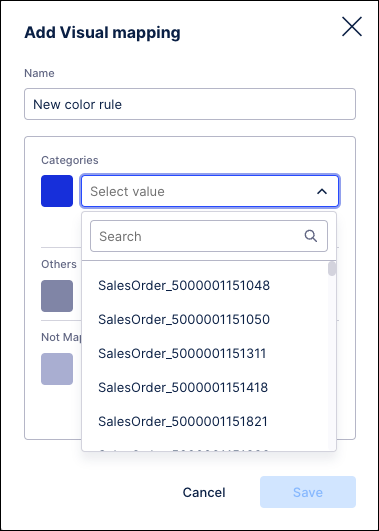 Screenshot showing the Add Visual mapping window with the Categories dropdown expanded.