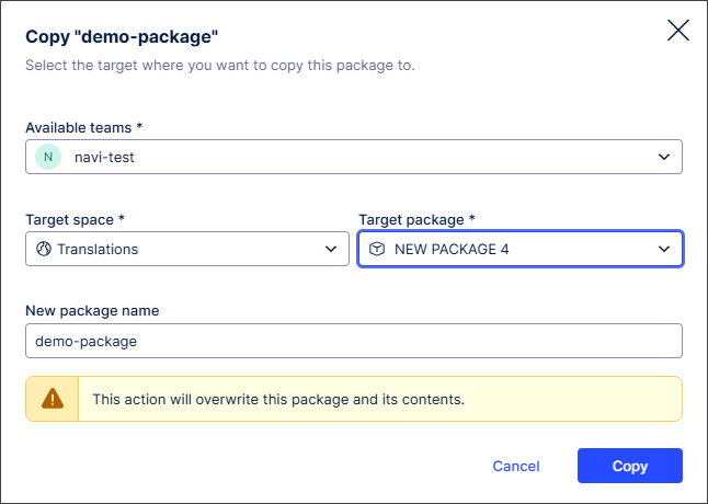 Screenshot showing the copy to modal that appears when copying packages.