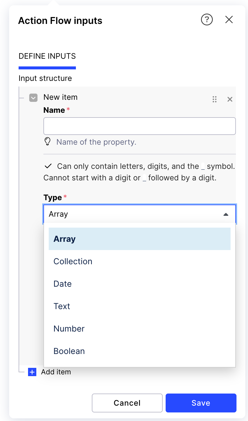 Action Flow input configuration screen