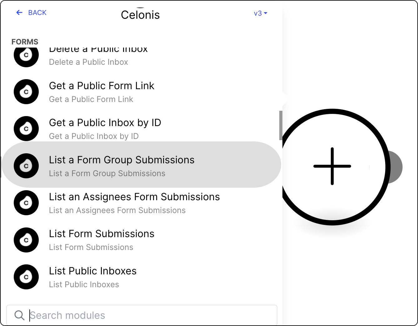 List of Celonis Action Flow modules with the List Form Group Submission module selected.