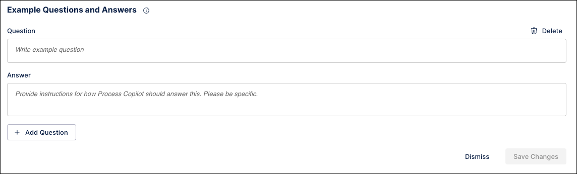 Screenshot showing the fields used to provide sample questions and answers to a system prompt.
