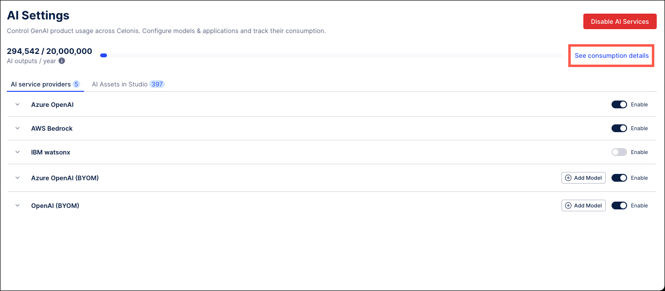 Screenshot of the AI Settings screen with the See consumption details link highlighted.