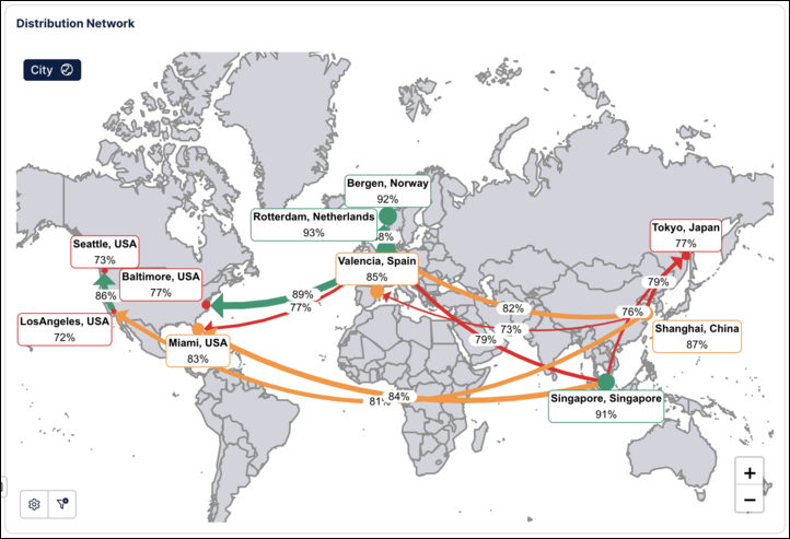 Screenshot showing an example of the world map layout used in Network Explorer Views.