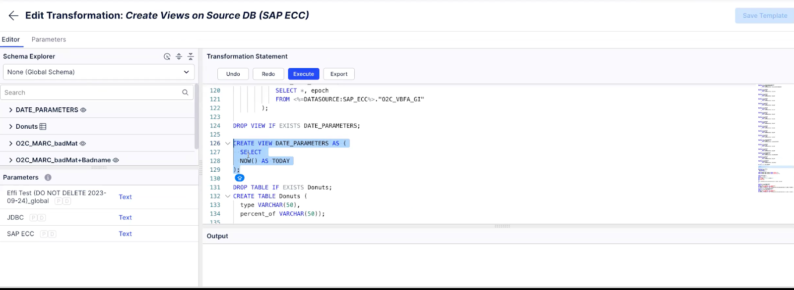 SQL sample for the data_parameter used in the transformation settings for a data job. The SQL code is mentioned in the page.