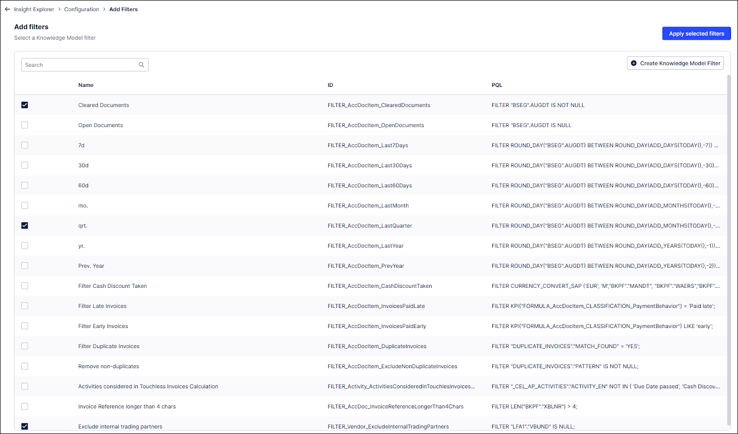Screenshot showing the list of filters in a Knowledge Model that can be added to Insight Explorer.