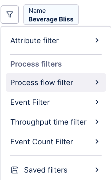 Screenshot showing the new filtering options in the PQL editor which include attribute filters, process filters, event filters and saved filters to align with Views filters.