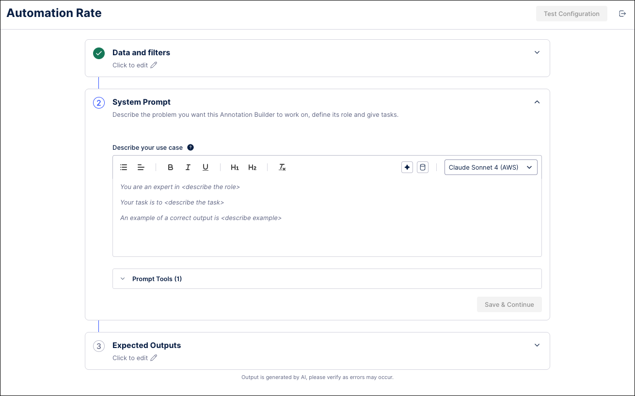 Screenshot of the Annotation Builder configuration screen showing the System Prompt step.