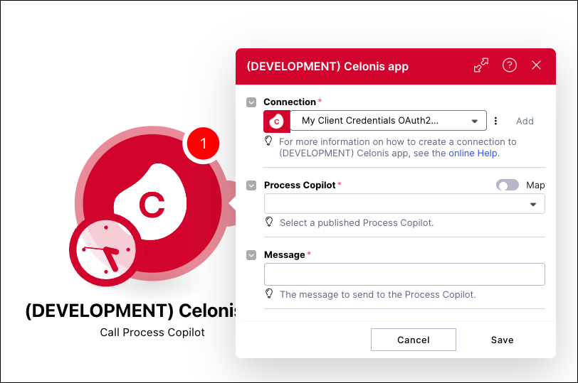 Screenshot showing the configuration window for the Call Process Copilot module in Action Flows.