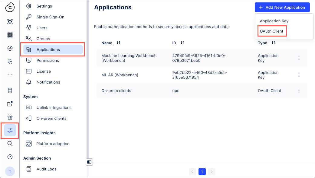 Create a new OAuth client. Click ​Add New Application​ -> ​OAuth client​​.