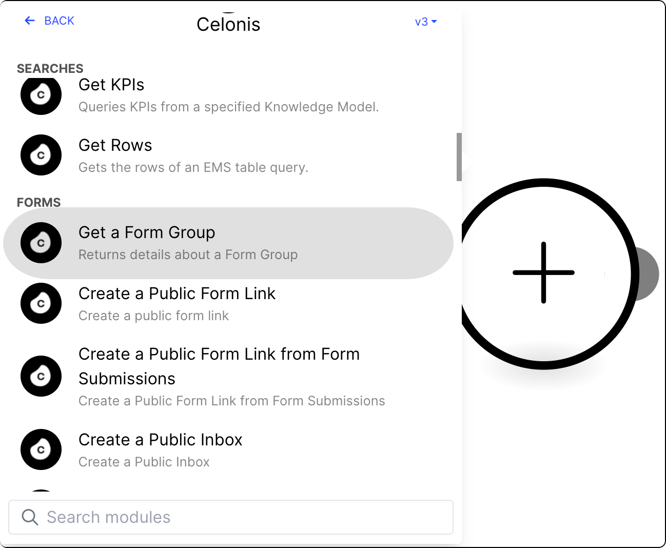 List of Celonis Action Flow modules with the Get Form Group module selected.