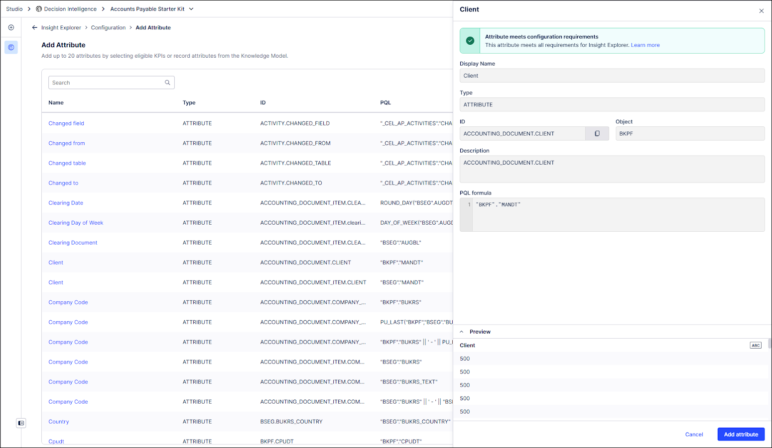 Screenshot of an eligible attribute on the Add Attribute screen in Insight Explorer.