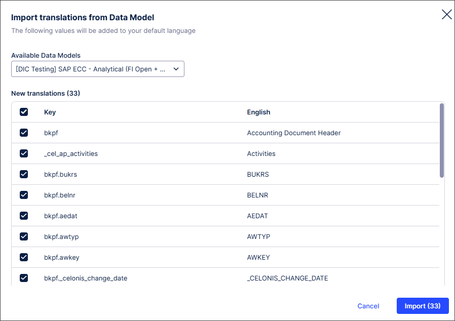Import translations from Data Model screen showing the translation keys and the English translation for each