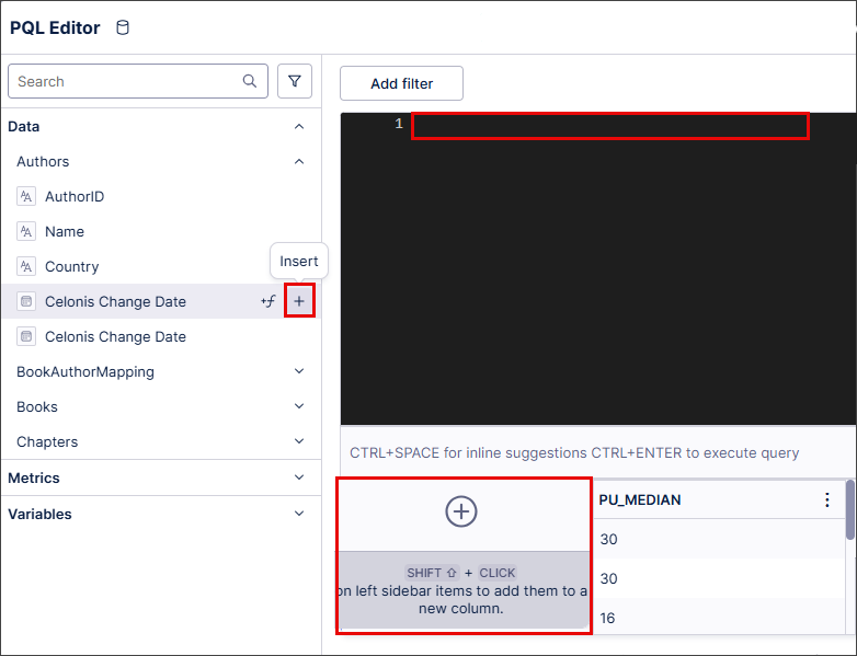Screenshot showing the new functionality where the PQL expression is added by clicking the new insert button.