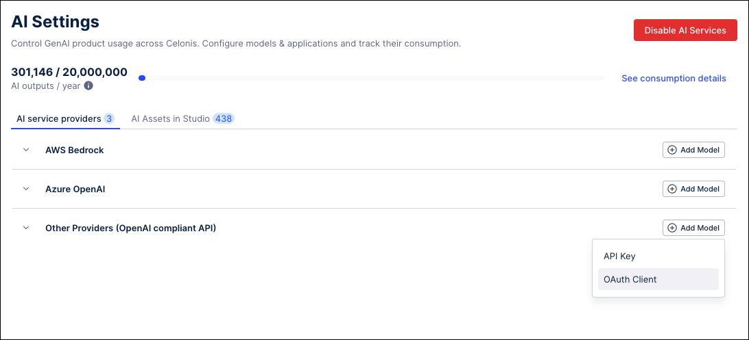 Screenshot showing the Add Model menu options for create a new model on the AI Settings screen.