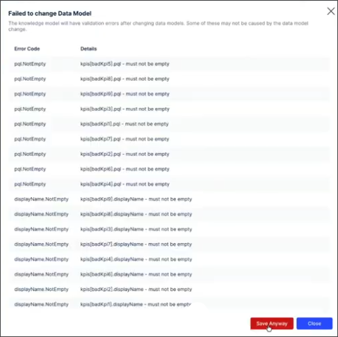 Screenshot showing the error messages that display when the Data Model change fails.