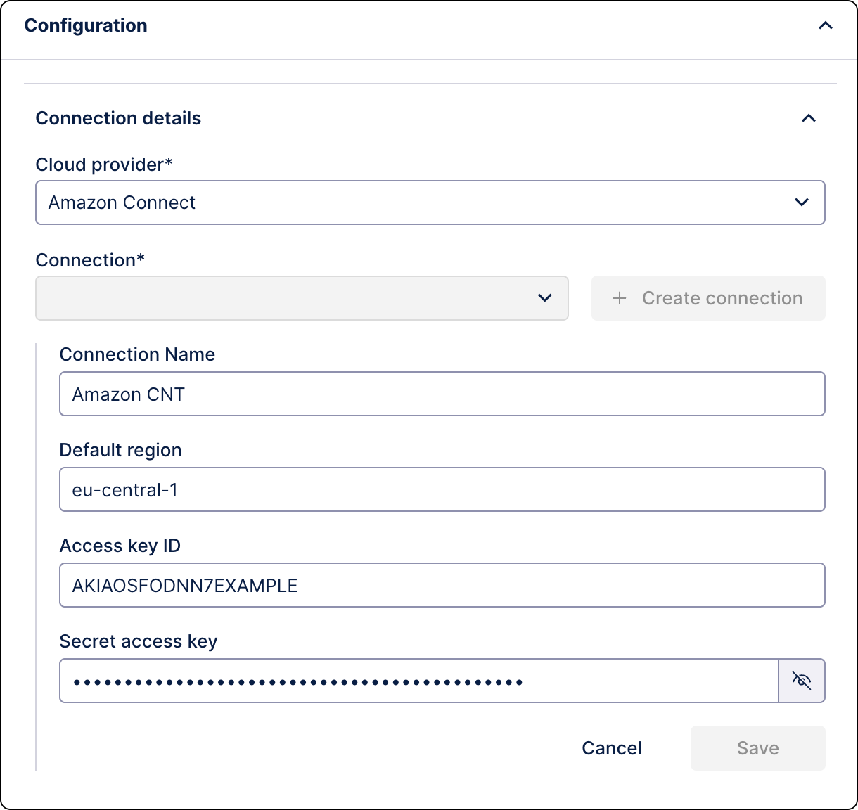 Cloud function tab settings in the Process Orchestration tab. Amazon Connect is selected as the cloud provider and there are several connection setting entered.