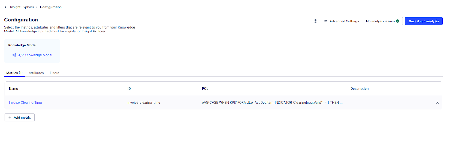 The Metrics tab of the Configuration screen showing a new metric was added to this Insight Explorer.