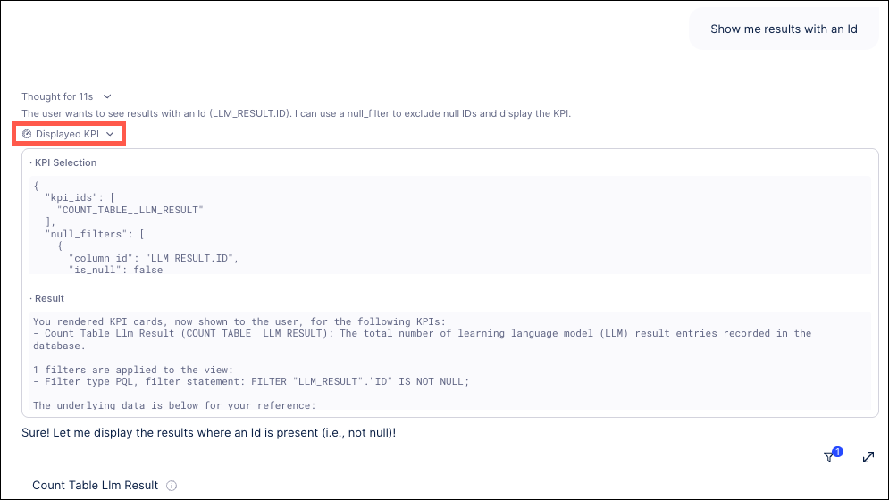 Screenshot showing an example of the reasoning traces for a specific KPI in Process Copilot.