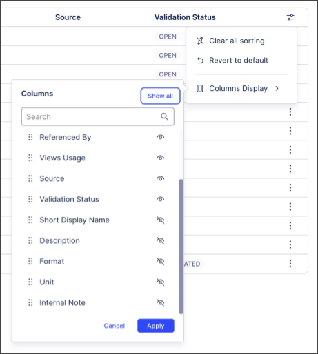 Screenshot of the new Knowledge Model asset editor showing the columns available