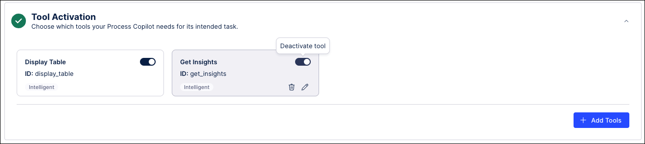 Screenshot showing the Deactivation toggle switch for a tool in the Tool Activation section.