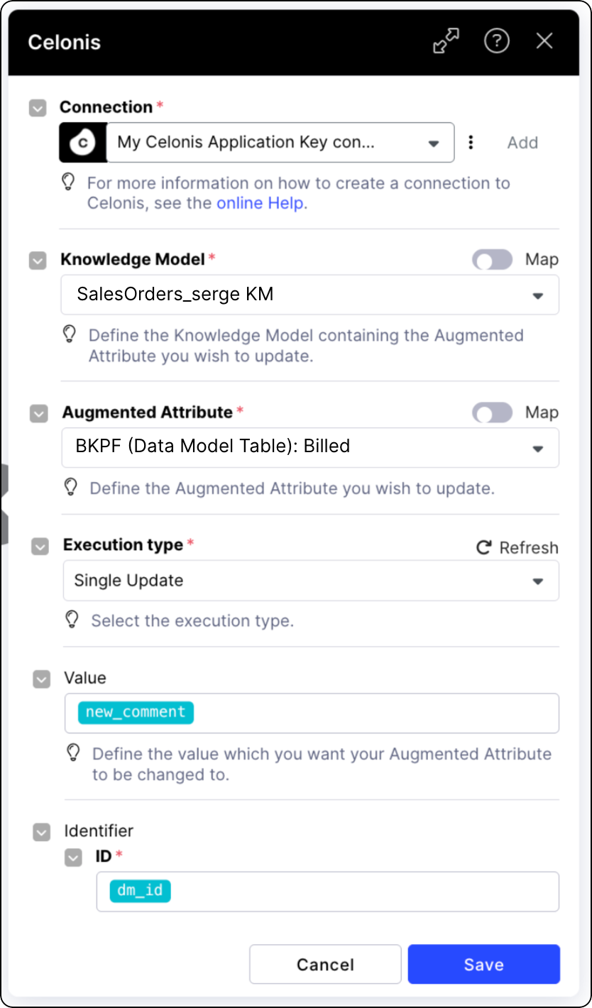 Settings for the Update Augmented Attributes module with Knowledge Model set and a single update selected for an execution type.