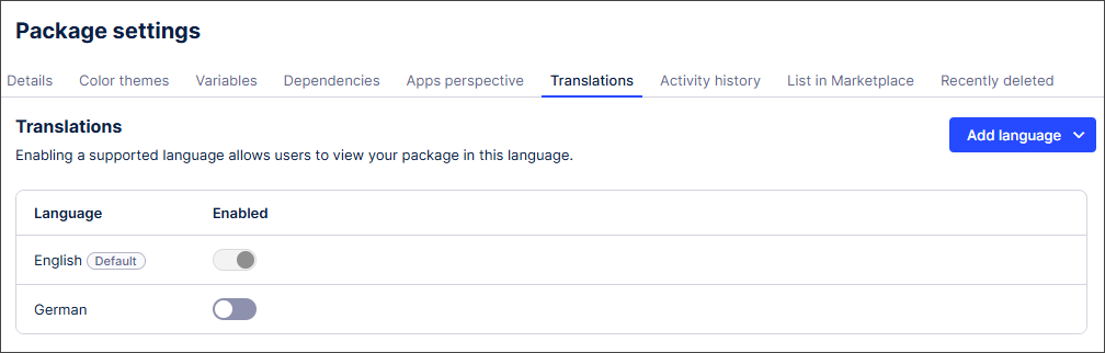 The Package settings screen with no translations displayed