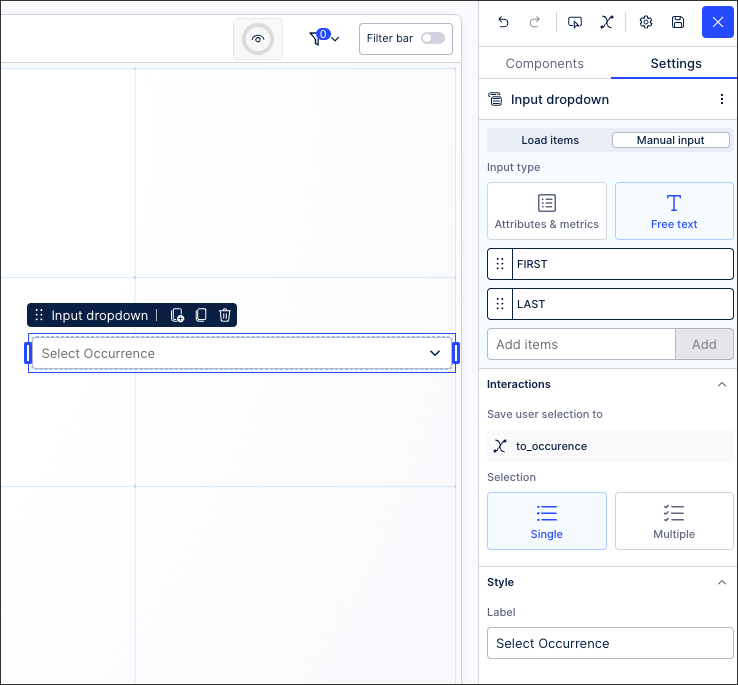 Screenshot showing how the 'select occurrence' dropdown is configured in Studio.