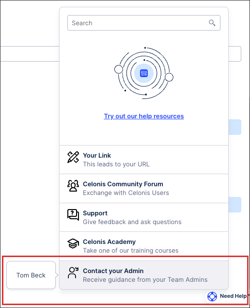 A screen showing an example of what a contact admin button looks like in your Celonis Platform.