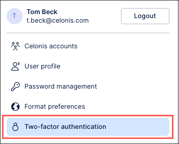 The menu to select two-factor authentication, where your users receive an access token via email, SMS, or supported authenticator app.