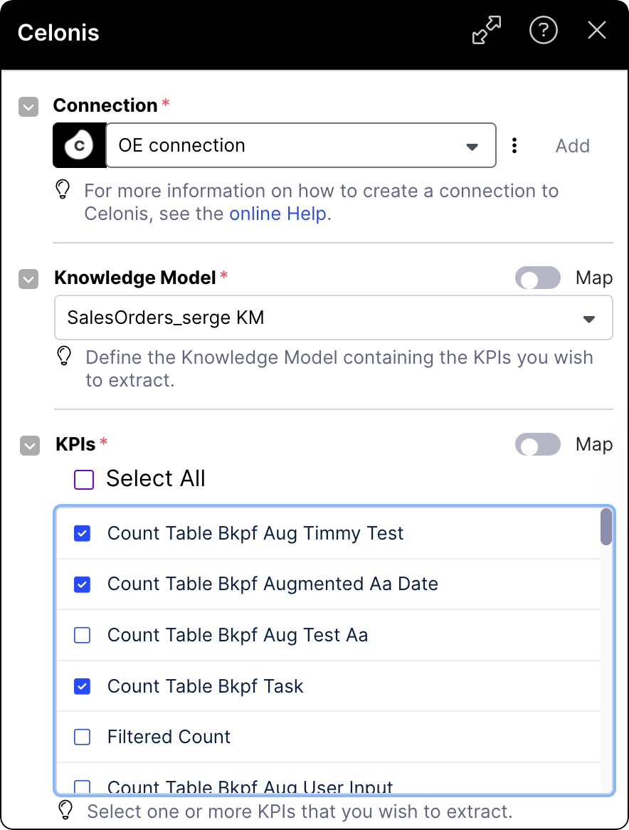 The KPIs selection in the Get KPIs Action Flow modules.