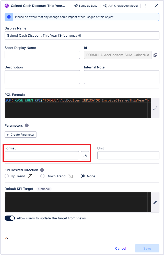 Screenshot of a Knowledge Model KPI for Insight Explorer with the Format field highlighted.