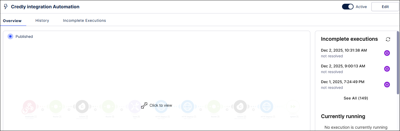 The incomplete executions overview section in Action Flow.