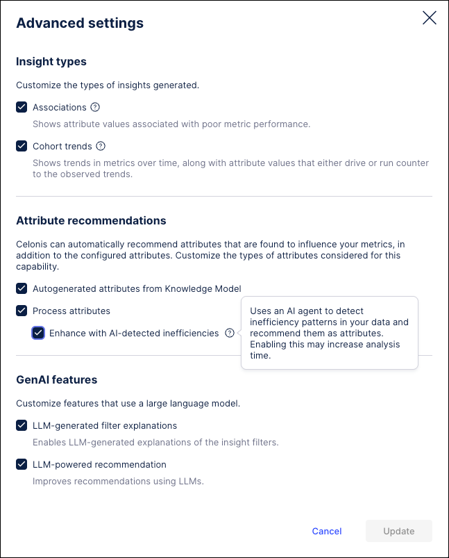 Screenshot showing the Advanced settings window for Insight Explorer.