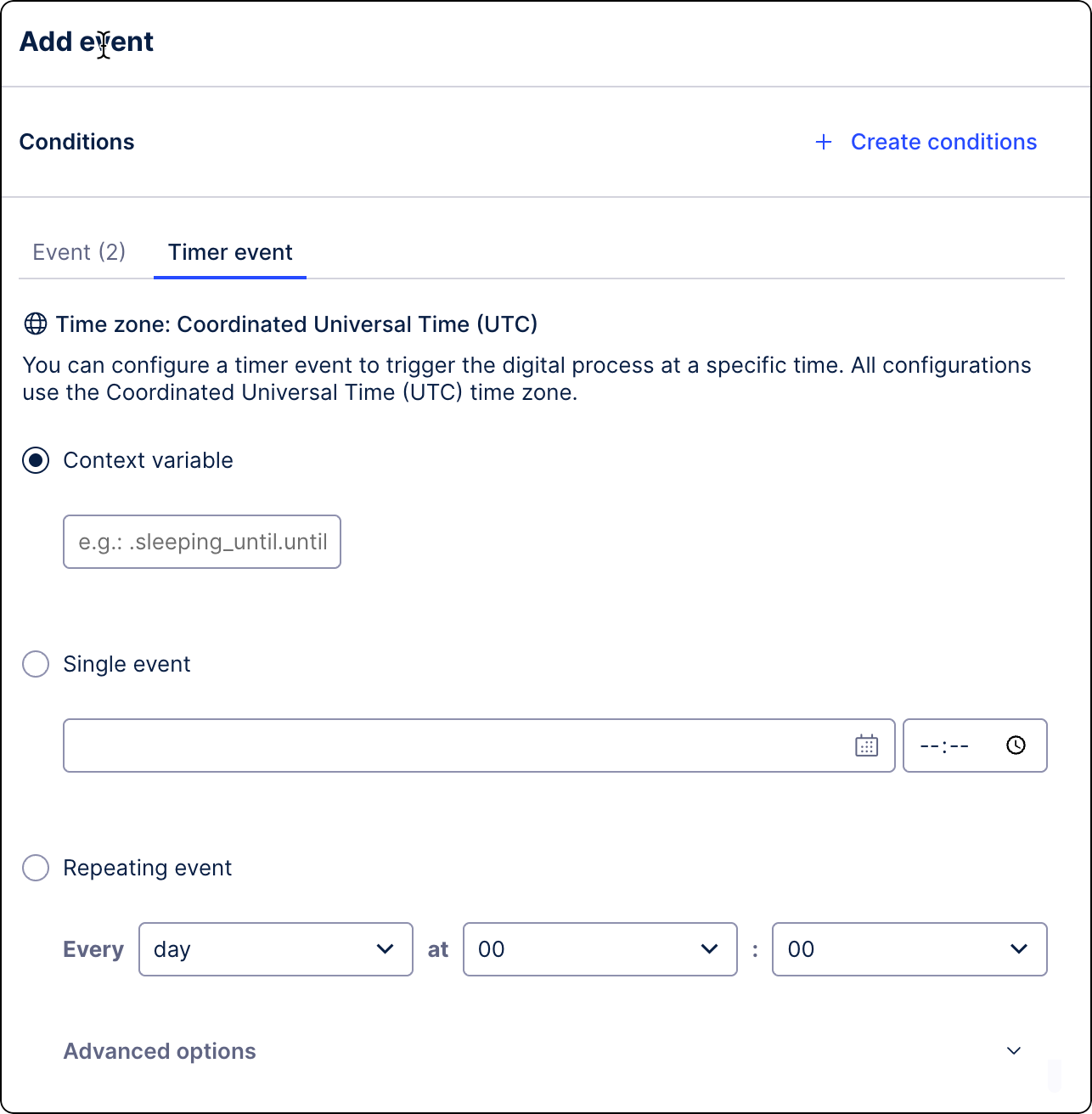 Process Orchestration even screen with the timer event tab open.