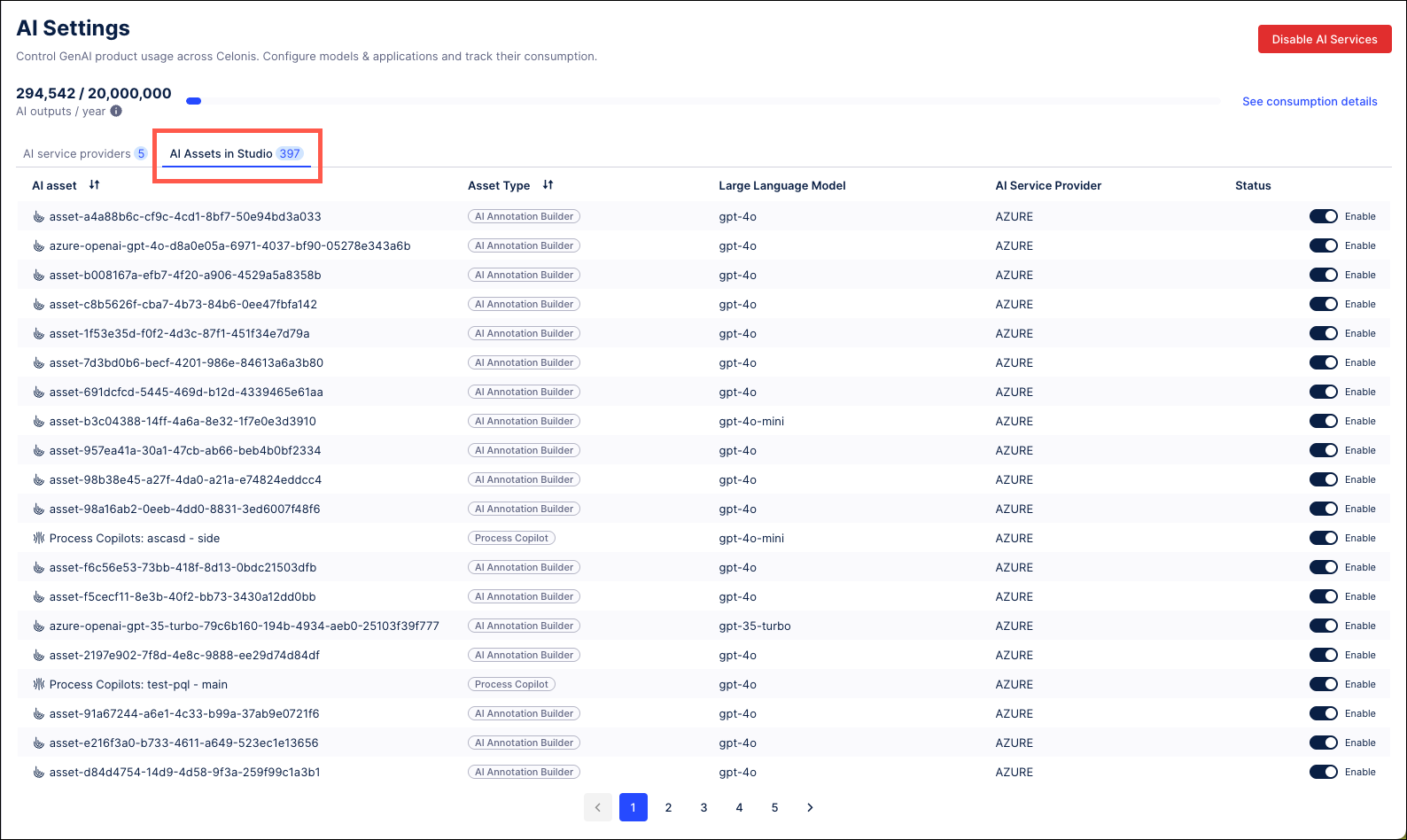 Screenshot of the AI Assets in Studio tab of the AI Settings screen.