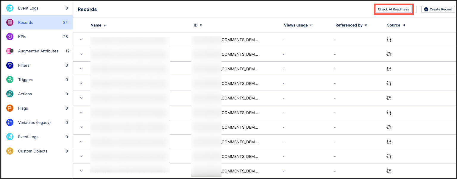 Screenshot of the Records tab for a Knowledge Model with the Check AI Readiness button highlighted.