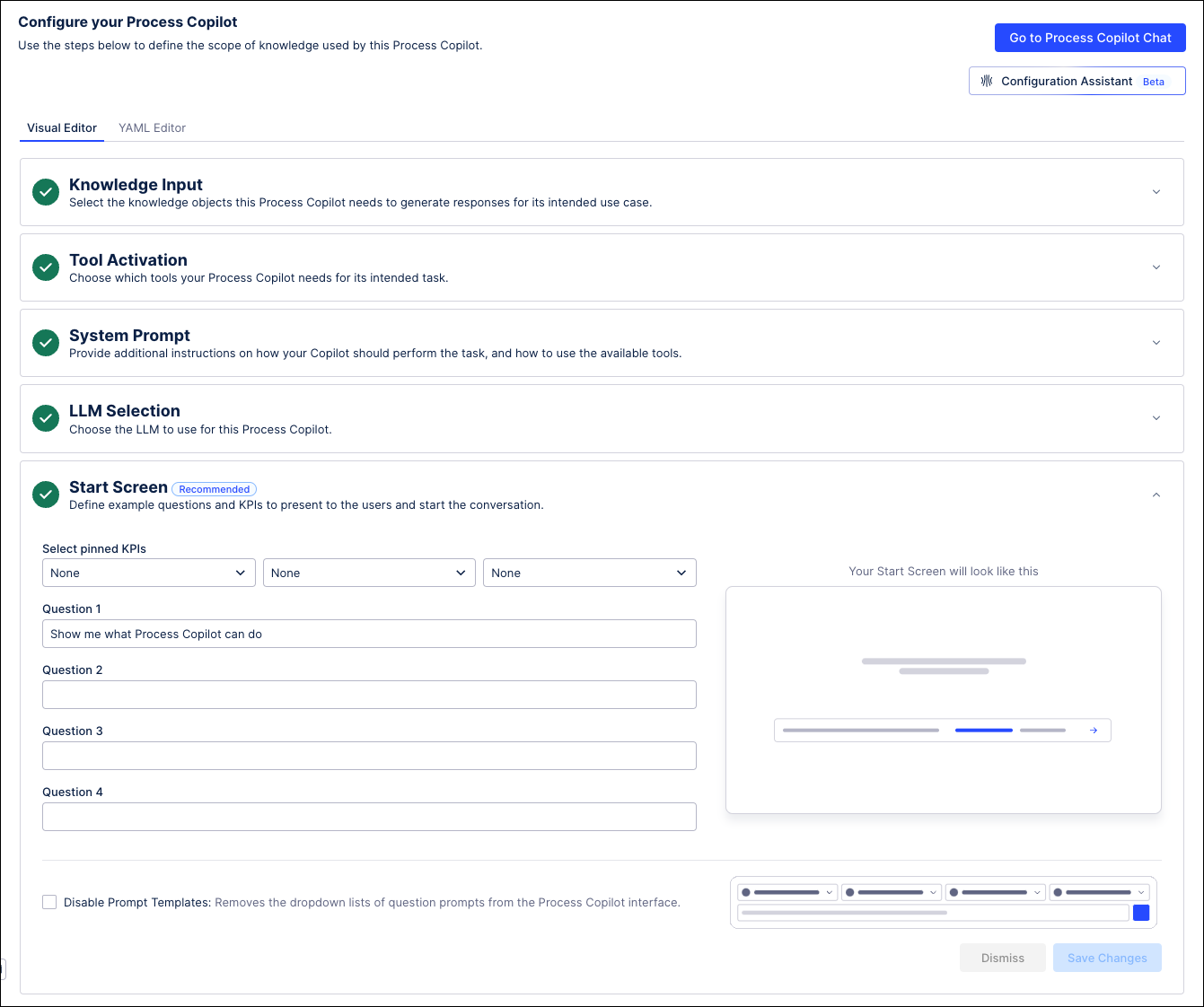 Screenshot showing the Process Copilot configuration with the Start Screen section expanded.