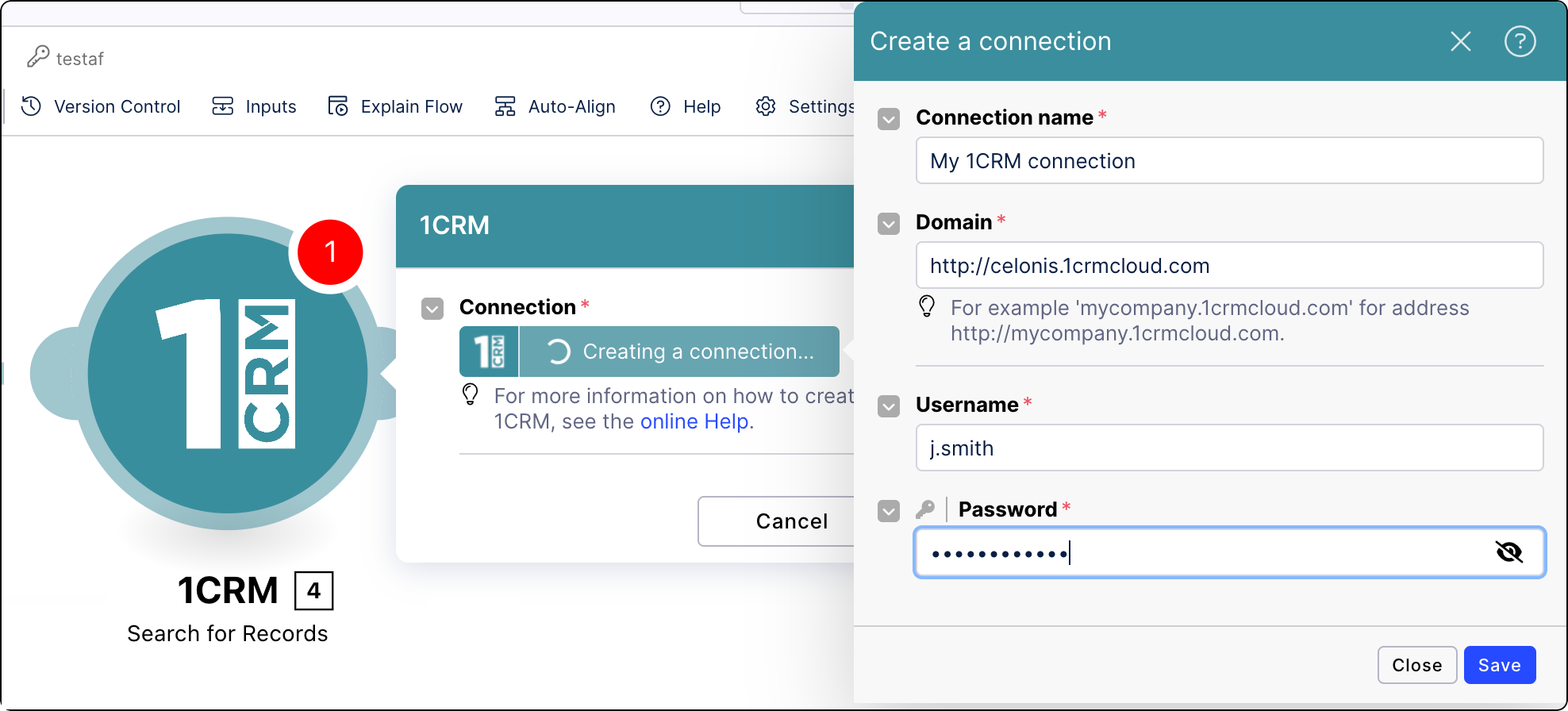 Connection settings for the 1CRM Action Flow module.