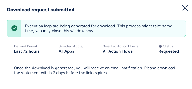 The Download request submitted screen. It notifies you that the request has been submitted.