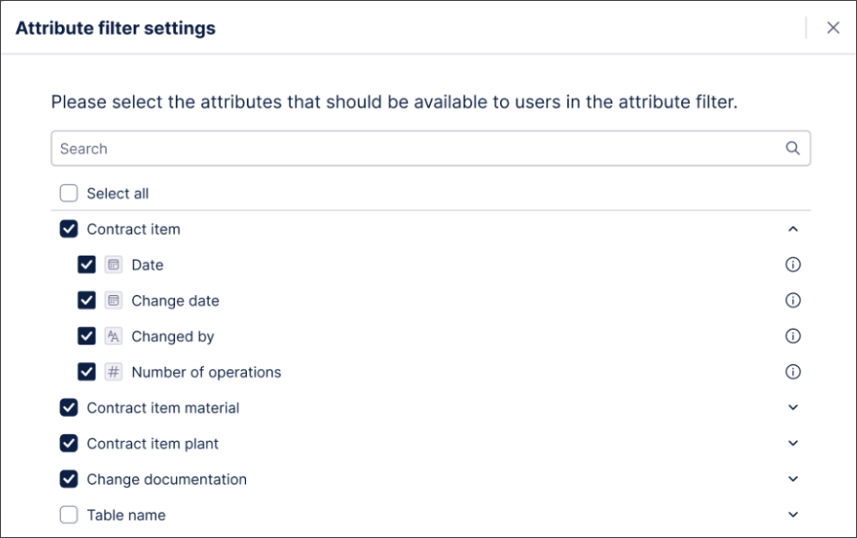 Example of the attribute filter settings that can be selected or deselected.