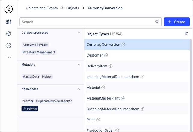 The list of object types showing the Sort icon by the Object Types heading.