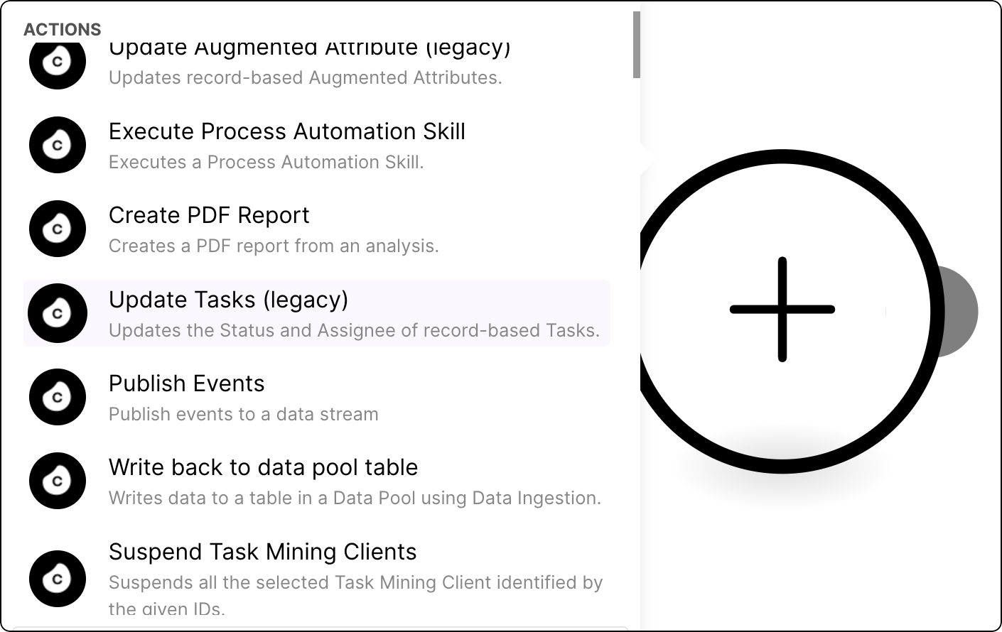 The list of Celonis Action Flow modules with the Update Tasks (legacy) module selected.