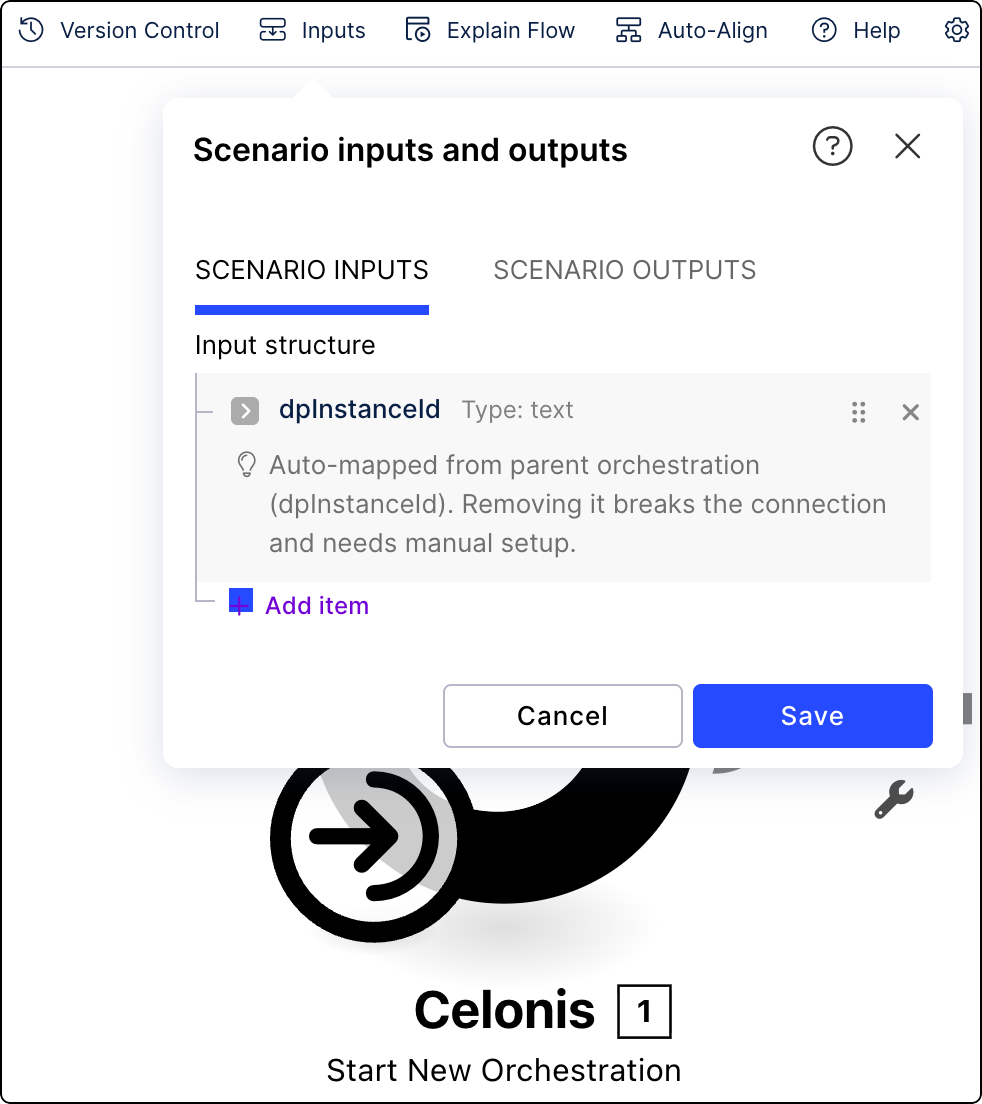 An Action Flow inputs screen with the dpdInstanceId input defined. The input is of Text type.