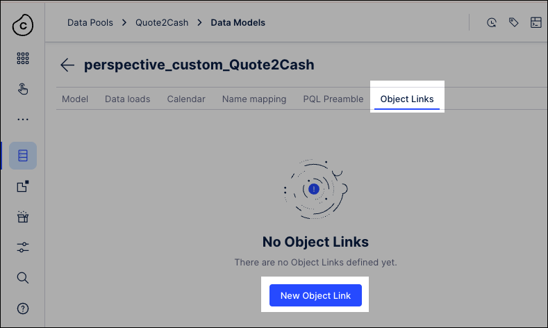 a screenshot of the Celonis UI showing where to click the Object Links button.