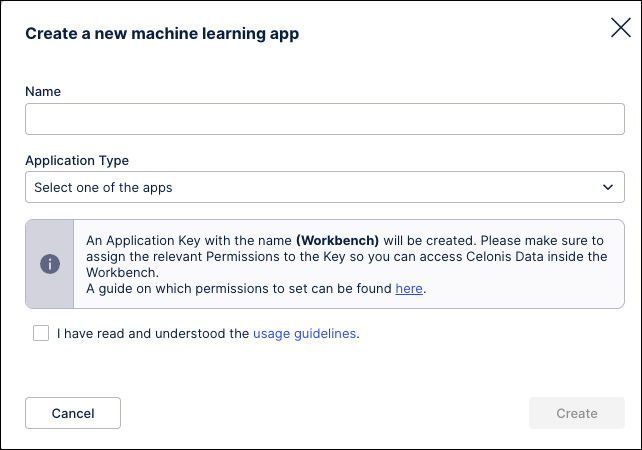 Screenshot of the Create a new machine learning app window.