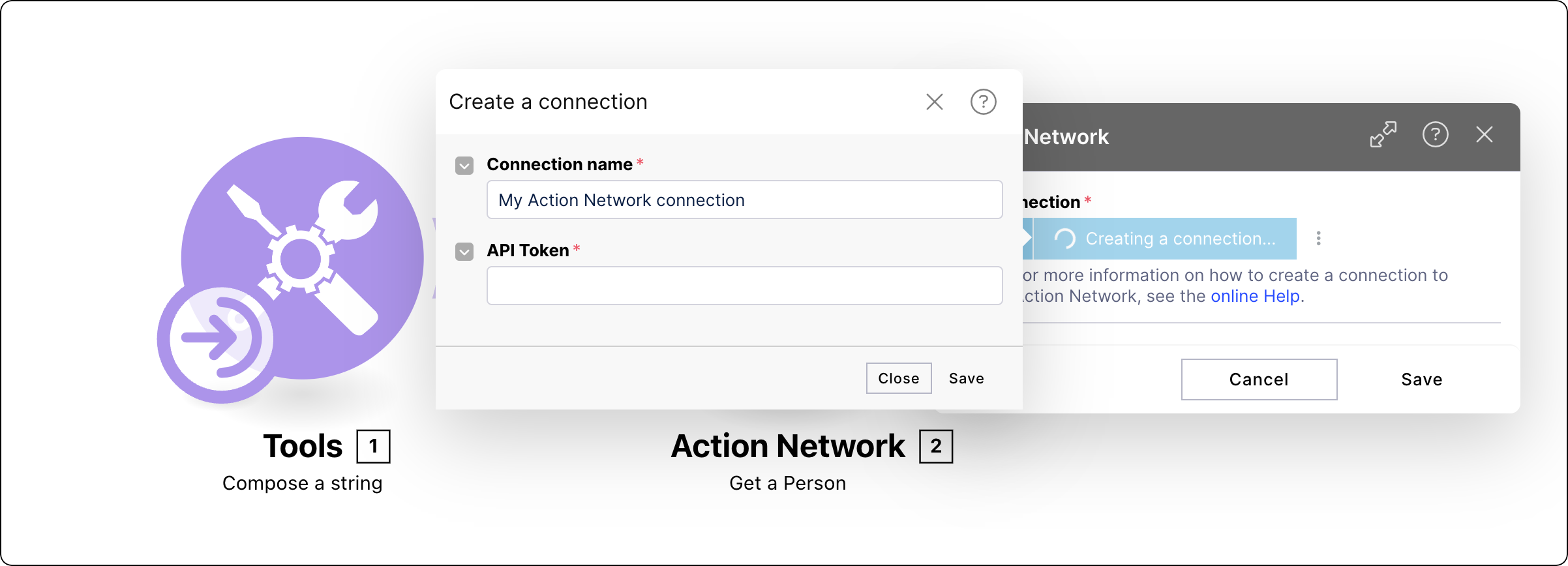 The Notification Settings panel for Action Flows displaying toggle switches to activate email alerts for Errors, Warnings, and Deactivation. The toggles for Errors and Deactivation are currently switched on.
