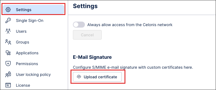 A screenshot showing the e-mail signatures upload button, found within Admin & Settings.