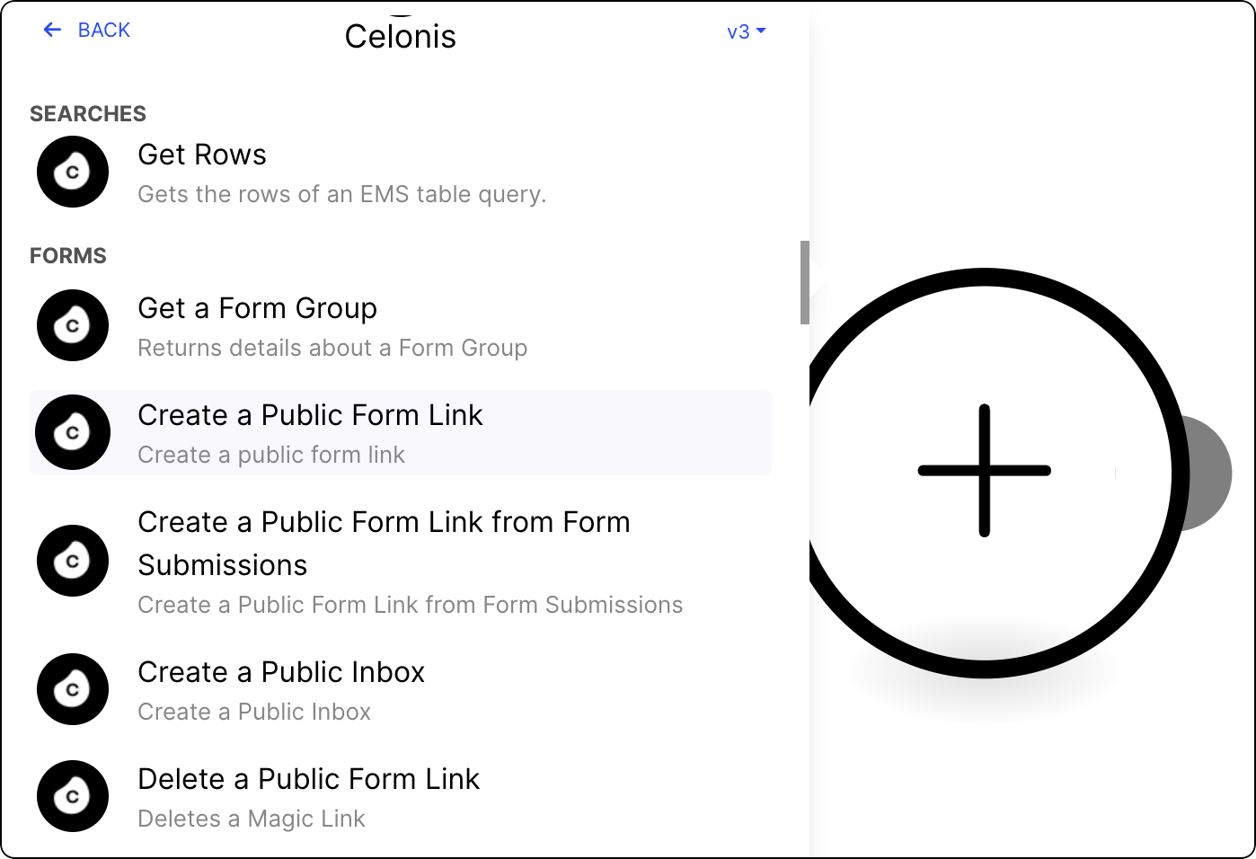 List ofCelonis ACtion Flow modules with the Create a Public Form Link module selected.