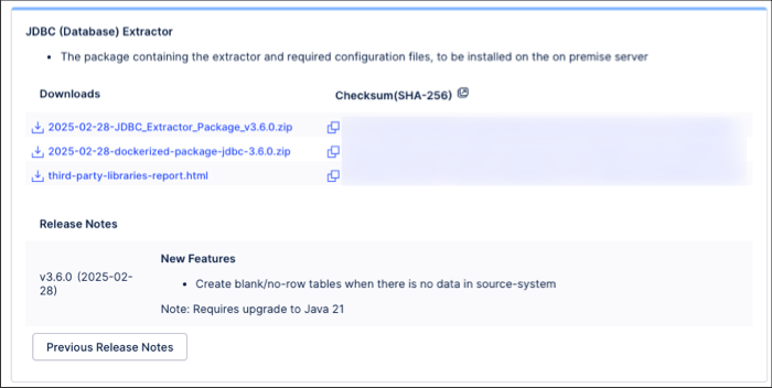 Screenshot showing the JDBC extractor download in the download portal.